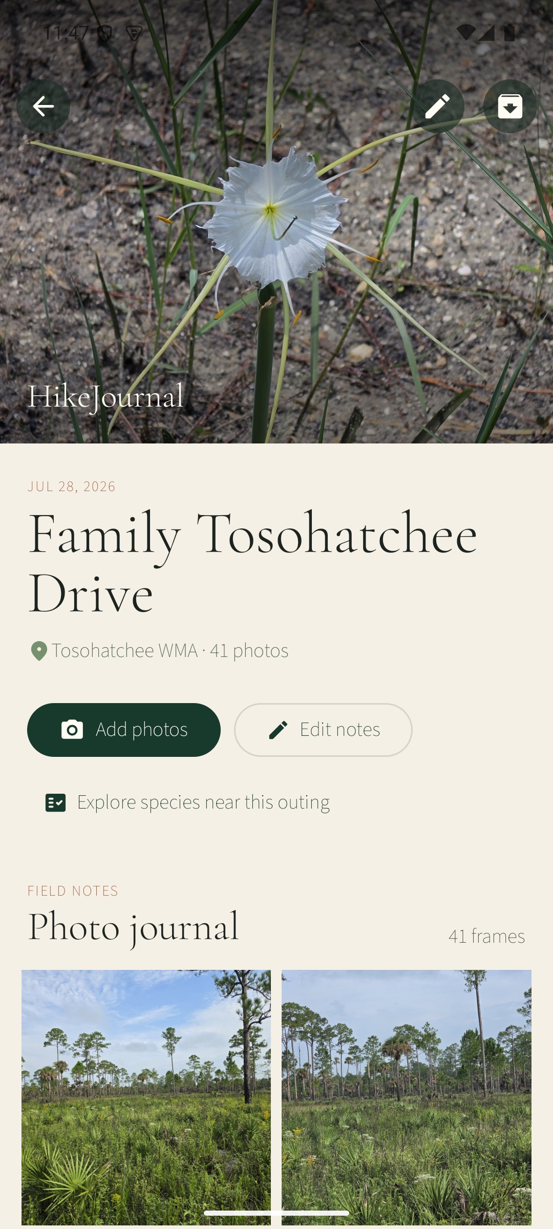 HikeJournal outing with photos and field notes