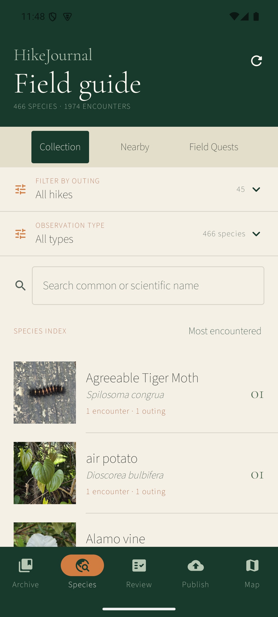 HikeJournal field guide showing a species collection